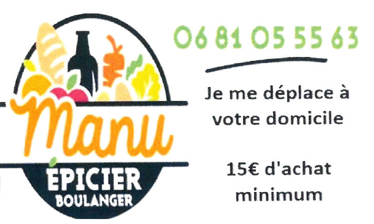 Carte de visite de Manu l'épicier-boulanger06 81 05 55 63, déplacement à domicile pour 15€ d'achat minimum.