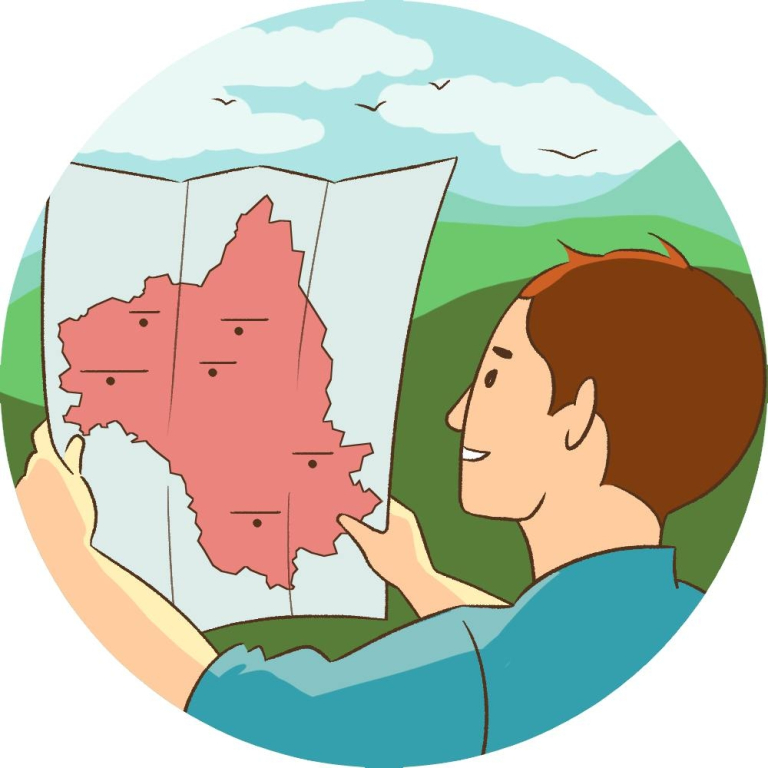 Illustration représentant Nicolas Tamalet tenant un plan de l'Aveyron, sur fond de paysage avec des oiseaux et des nuages